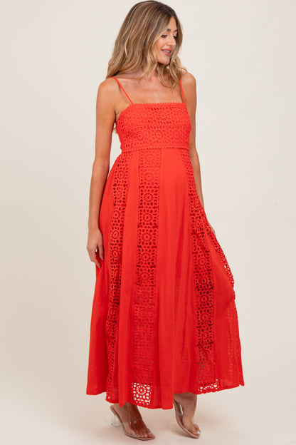 Coral Red Crochet Lace Paneled Maternity Maxi Dress