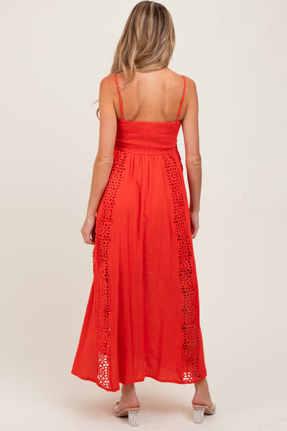 Coral Red Crochet Lace Paneled Maternity Maxi Dress