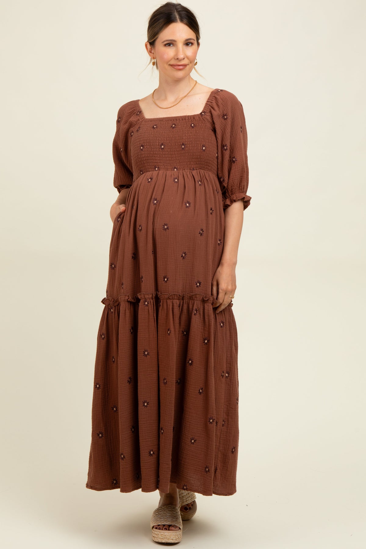 Brown Floral Smocked Puff Sleeve Maternity Maxi Dress