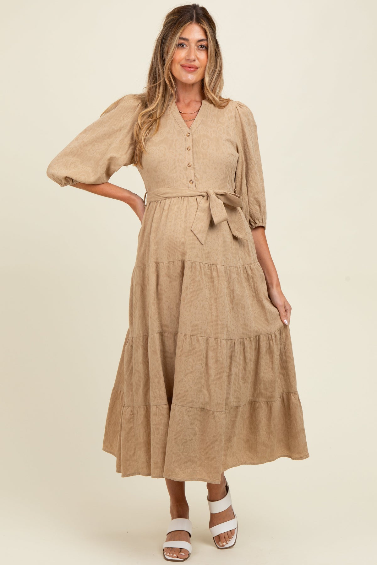 Taupe Floral Jacquard Button Front Tiered Maternity Dress
