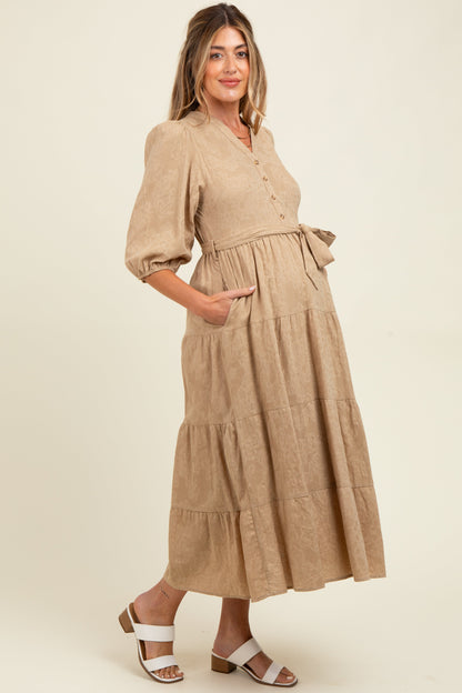 Taupe Floral Jacquard Button Front Tiered Maternity Dress