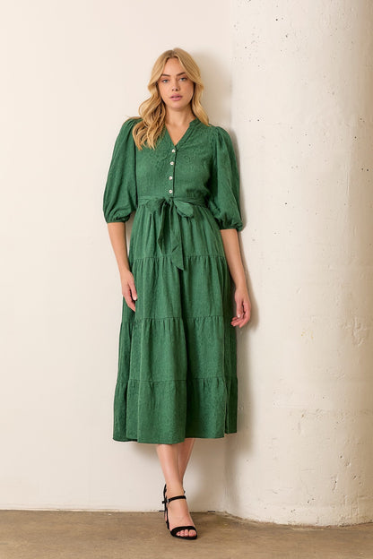 Forest Green Floral Jacquard Button Front Tiered Maternity Dress