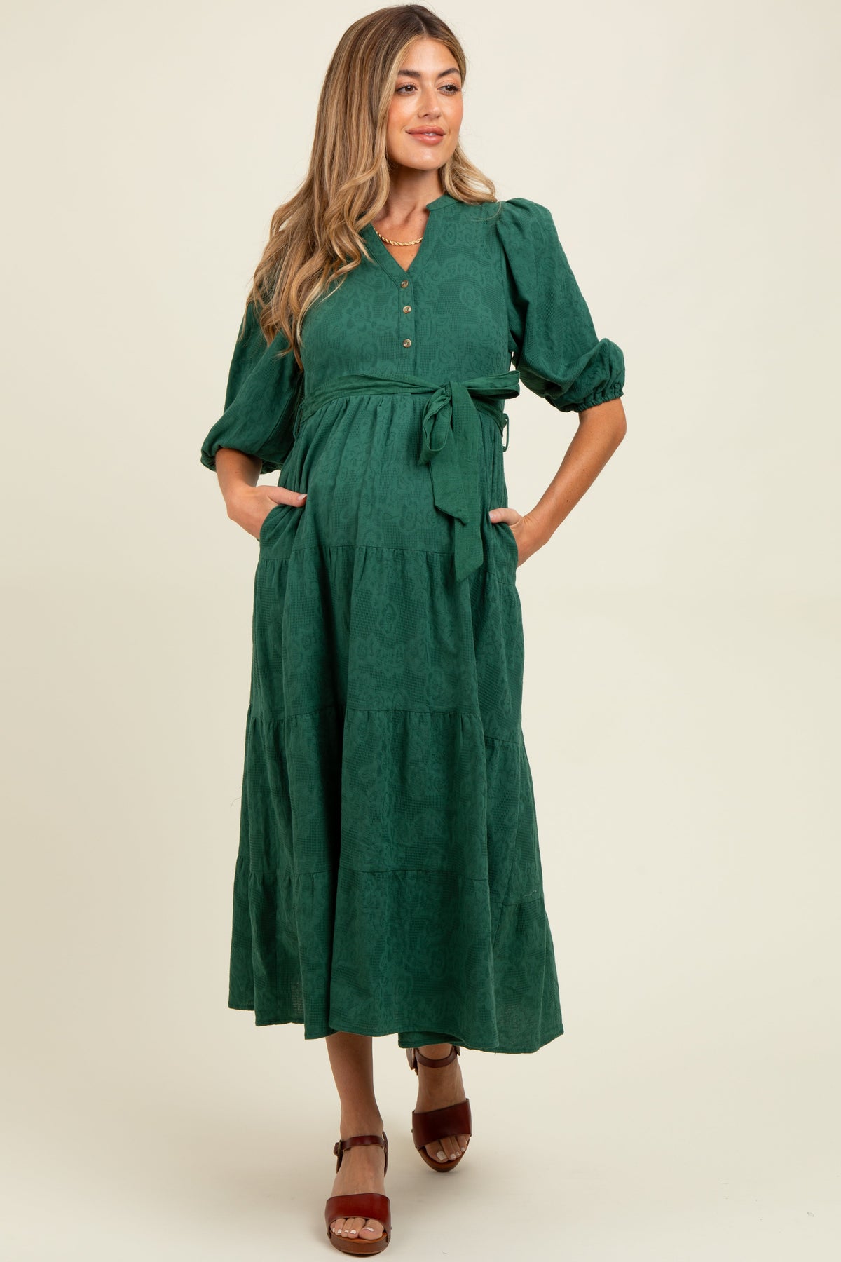Forest Green Floral Jacquard Button Front Tiered Maternity Dress
