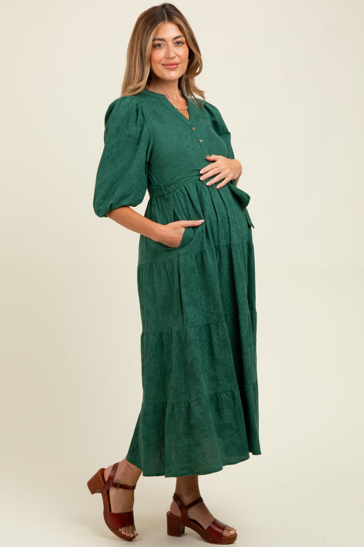 Forest Green Floral Jacquard Button Front Tiered Maternity Dress