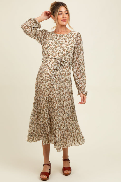 Cream Floral Chiffon Long Sleeve Pleated Maternity Midi Dress