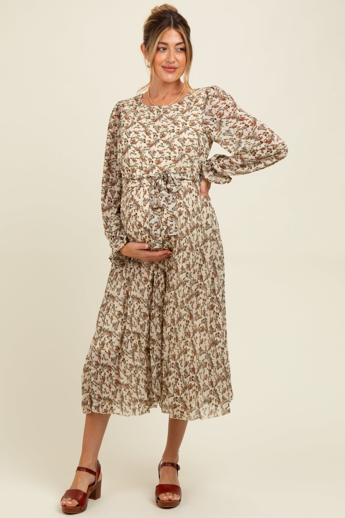 Cream Floral Chiffon Long Sleeve Pleated Maternity Midi Dress