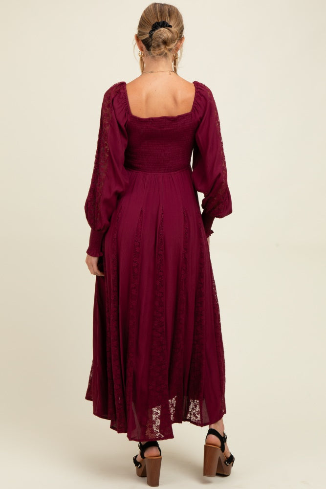 Burgundy Lace Inset Smocked Maternity Maxi Dress