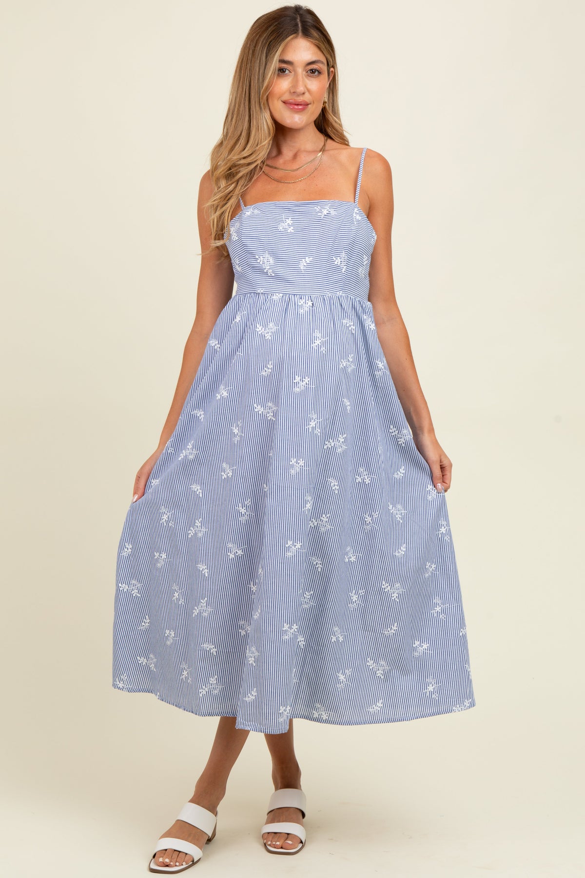 Blue Striped Embroidered Tie Back Cutout Maternity Midi Dress