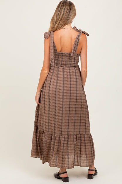 Mocha Plaid Sleeveless Cotton Maternity Maxi Dress