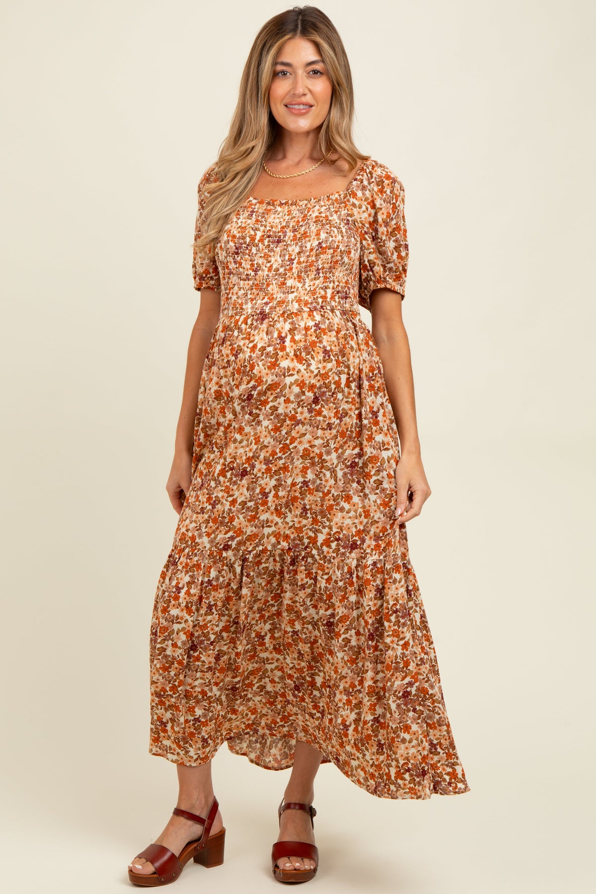 Rust Floral Smocked Tiered Maternity Midi Dress