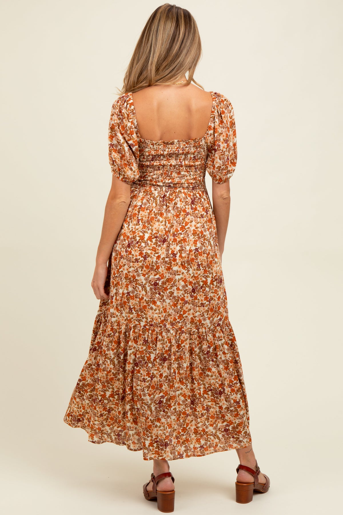 Rust Floral Smocked Tiered Maternity Midi Dress