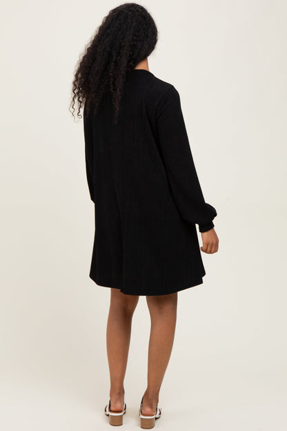 Black Ribbed Mock Neck Bubble Sleeve Maternity Dress