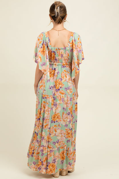 Sage Floral Flyway Sleeve V-Neck Tiered Maternity Maxi Dress