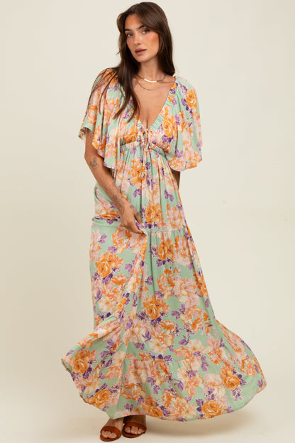Sage Floral Flyway Sleeve V-Neck Tiered Maternity Maxi Dress
