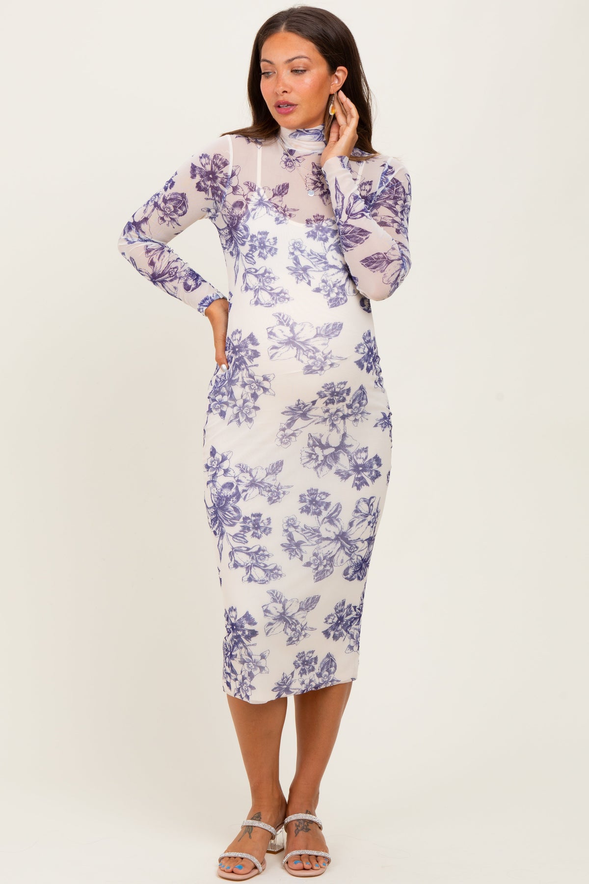 Ivory Floral Mesh Mock Neck Long Sleeve Maternity Midi Dress