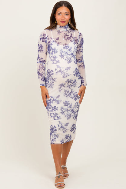 Ivory Floral Mesh Mock Neck Long Sleeve Maternity Midi Dress