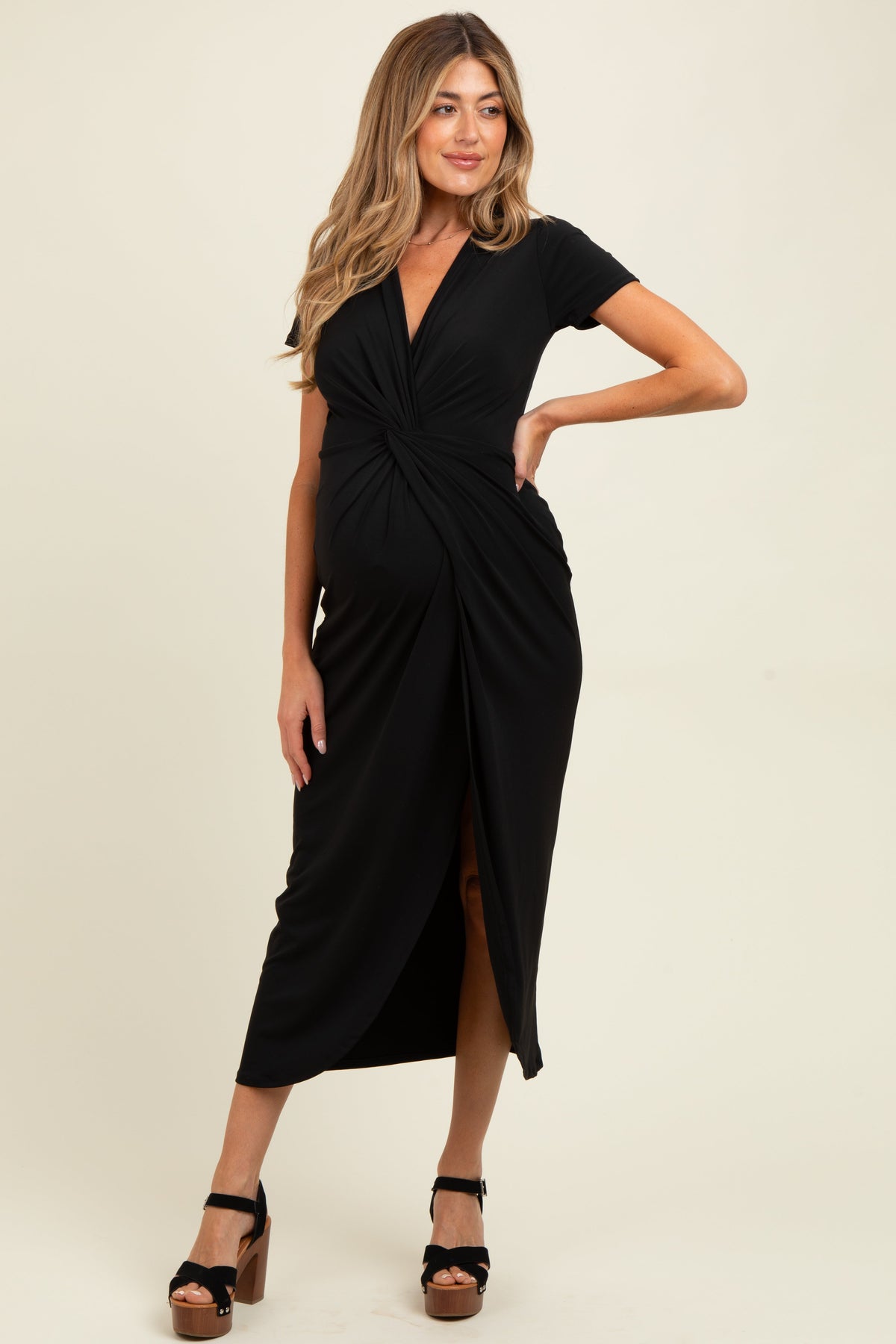 Black Gathered Front Short Sleeve Maternity Maxi Dress