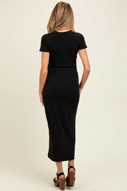 Black Gathered Front Short Sleeve Maternity Maxi Dress