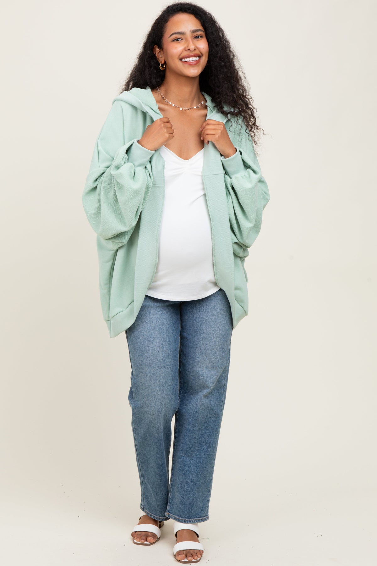 Sage Solid Terry Long Dolman Sleeve Vintage Maternity Hoodie
