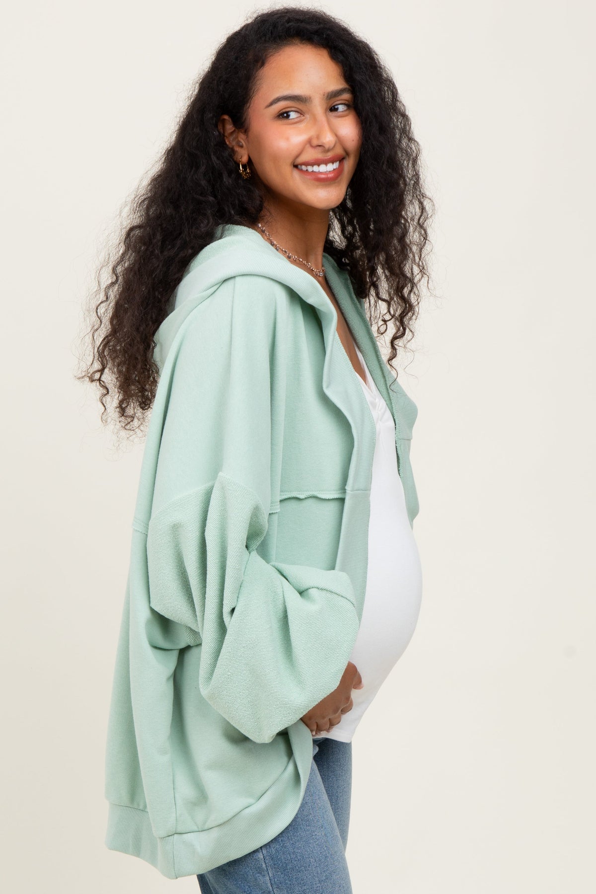 Sage Solid Terry Long Dolman Sleeve Vintage Maternity Hoodie