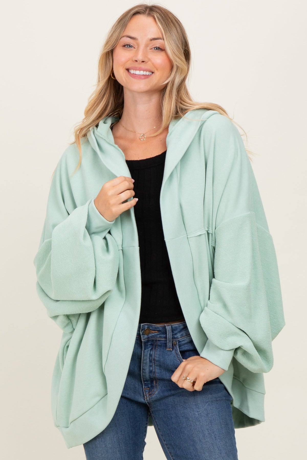 Sage Solid Terry Long Dolman Sleeve Vintage Maternity Hoodie