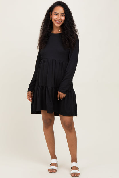 Black Textured Rib Tiered Long Sleeve Maternity Dress