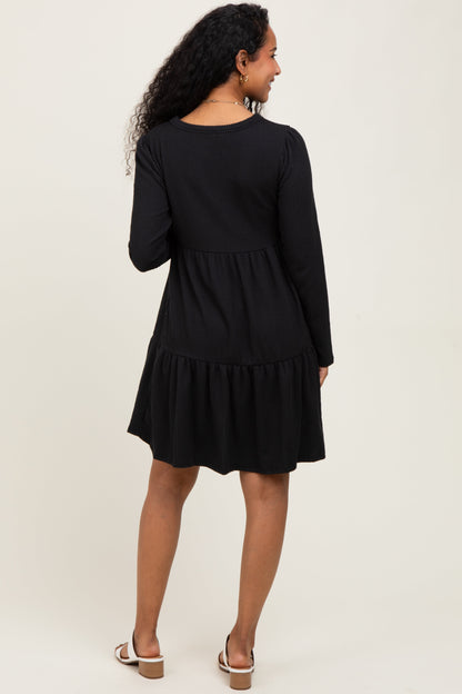 Black Textured Rib Tiered Long Sleeve Maternity Dress