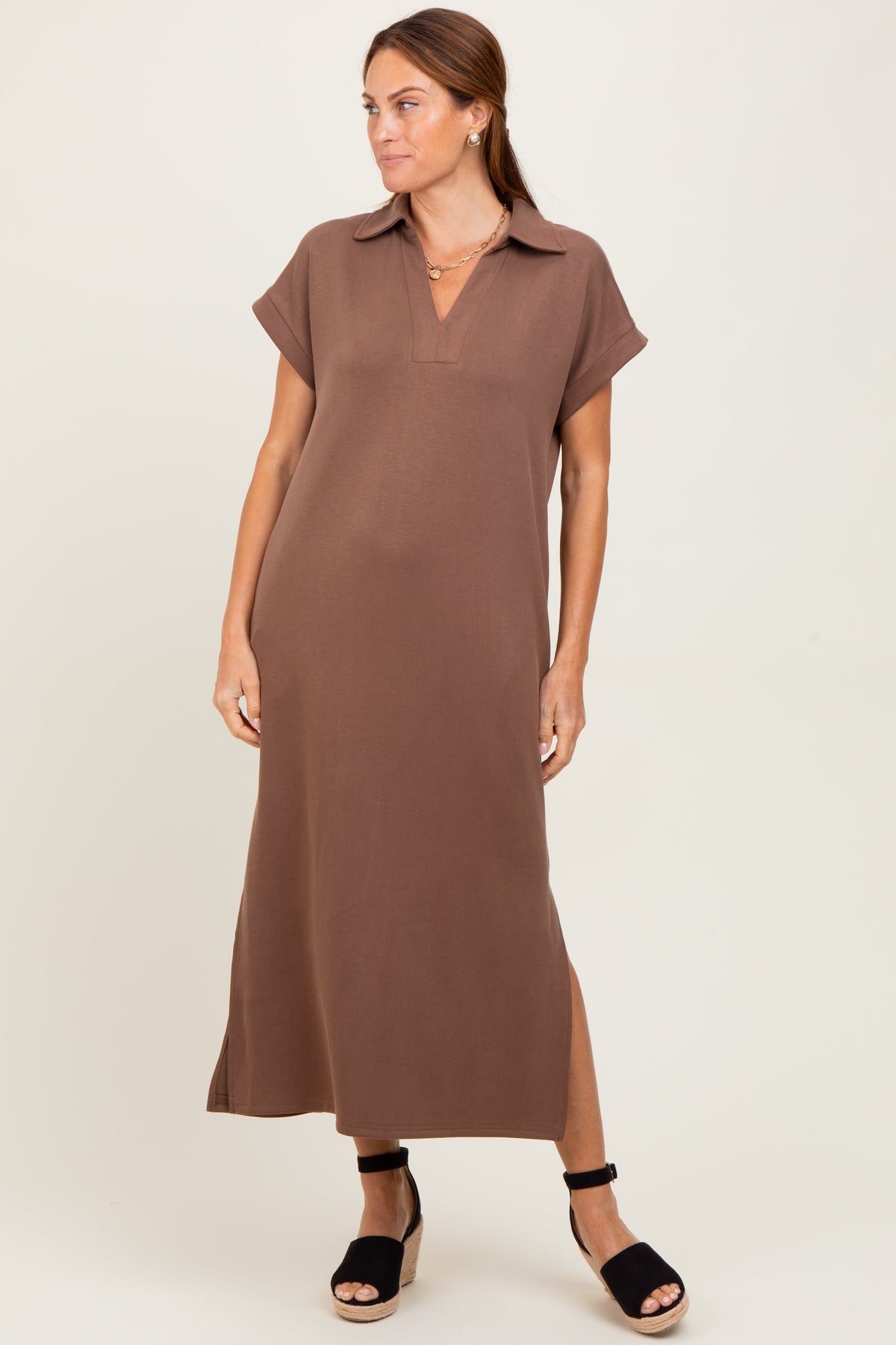 Mocha Collared Short Sleeve Maternity Midi Dress