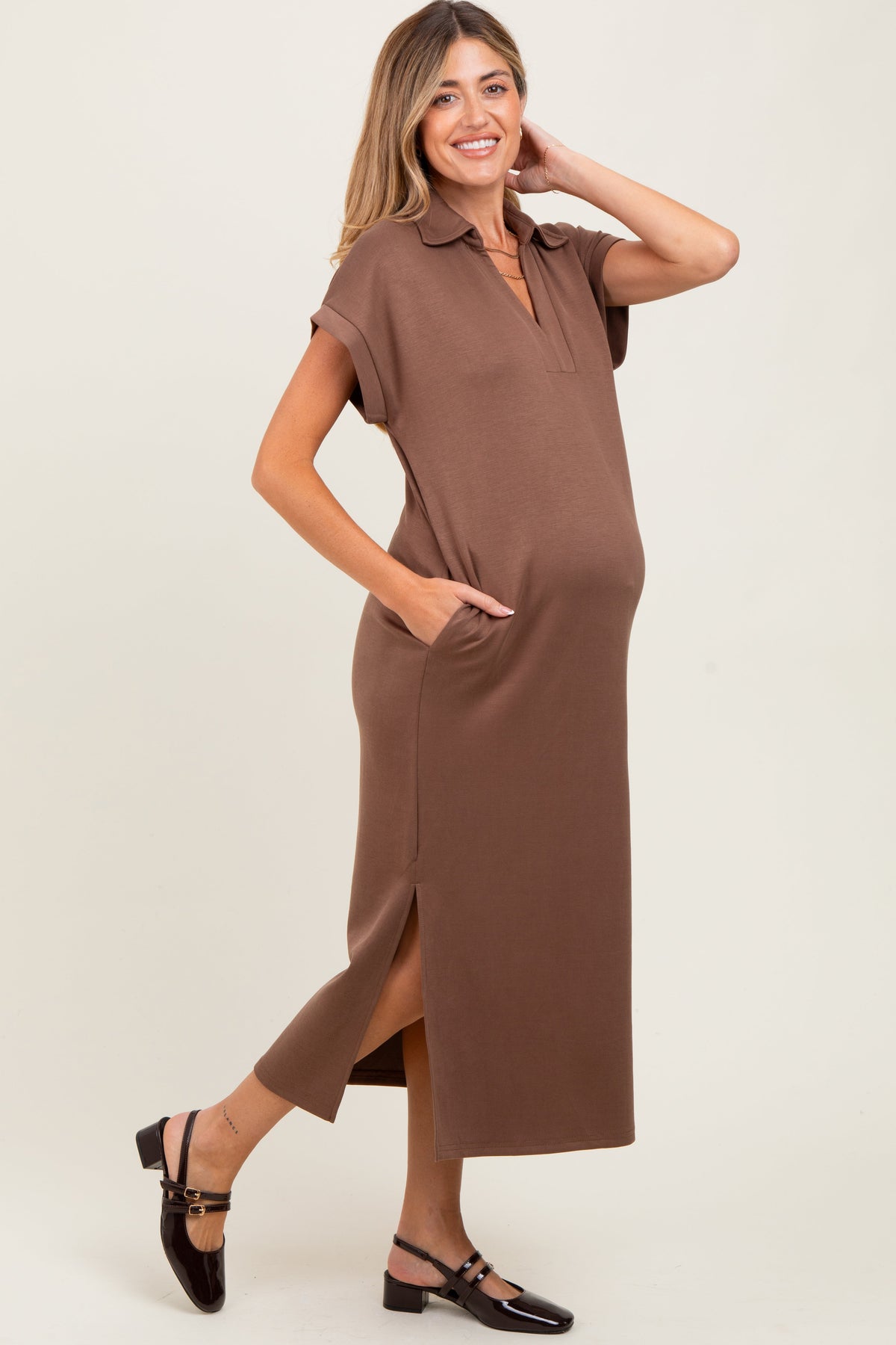 Mocha Collared Short Sleeve Maternity Midi Dress