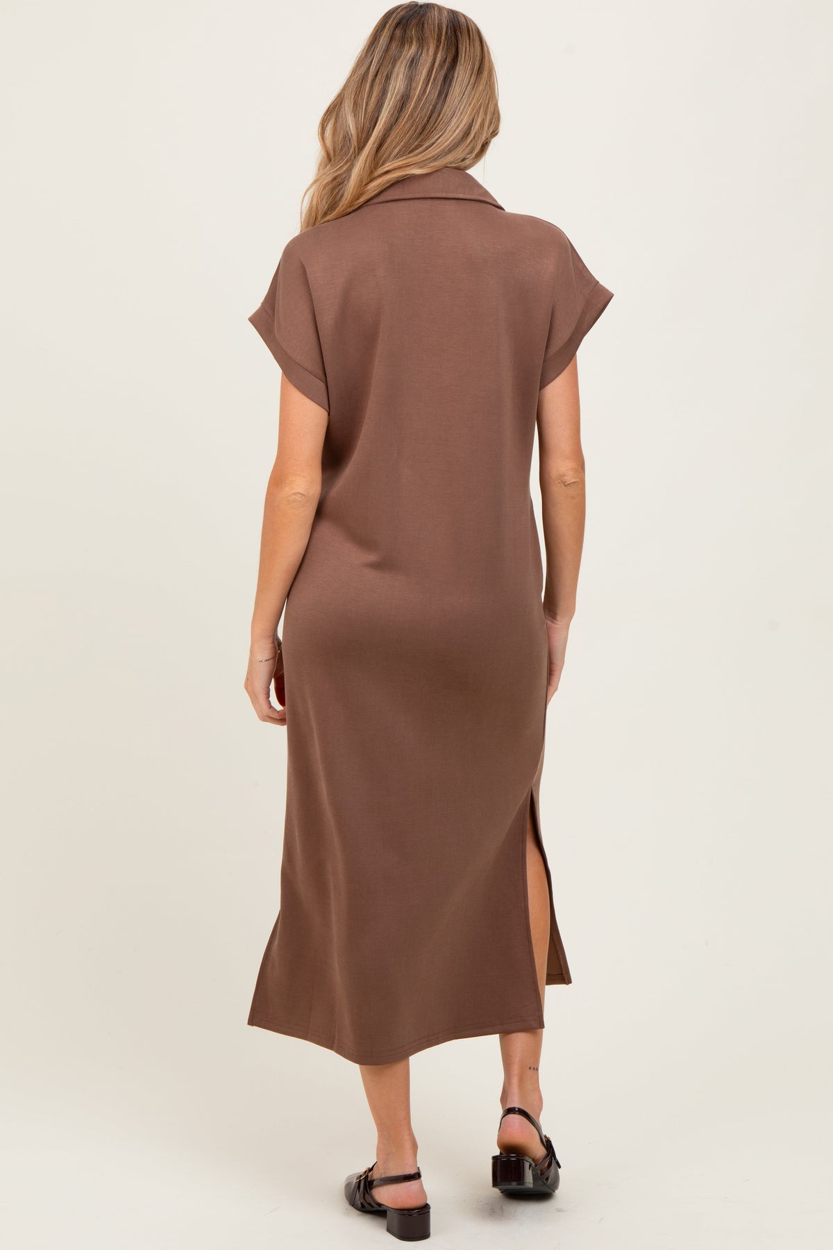 Mocha Collared Short Sleeve Maternity Midi Dress