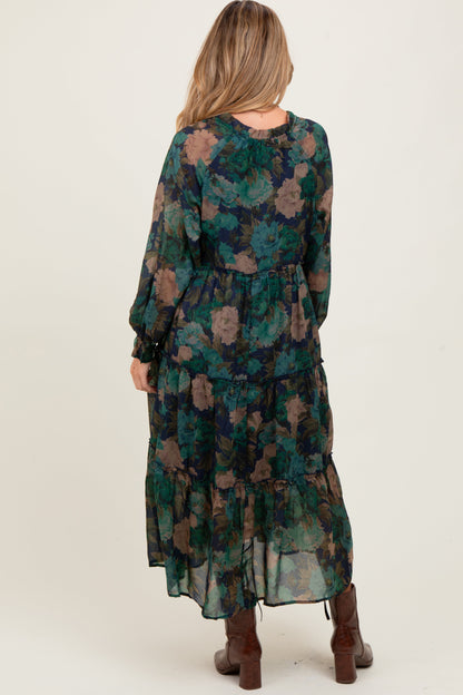 Navy Floral Chiffon Ruffle Tiered Maternity Midi Dress