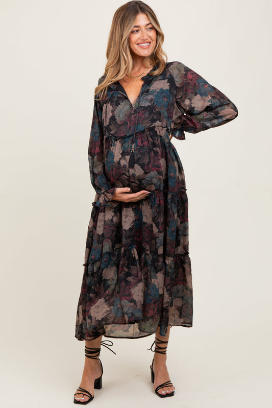 Black Floral Chiffon Ruffle Tiered Maternity Midi Dress