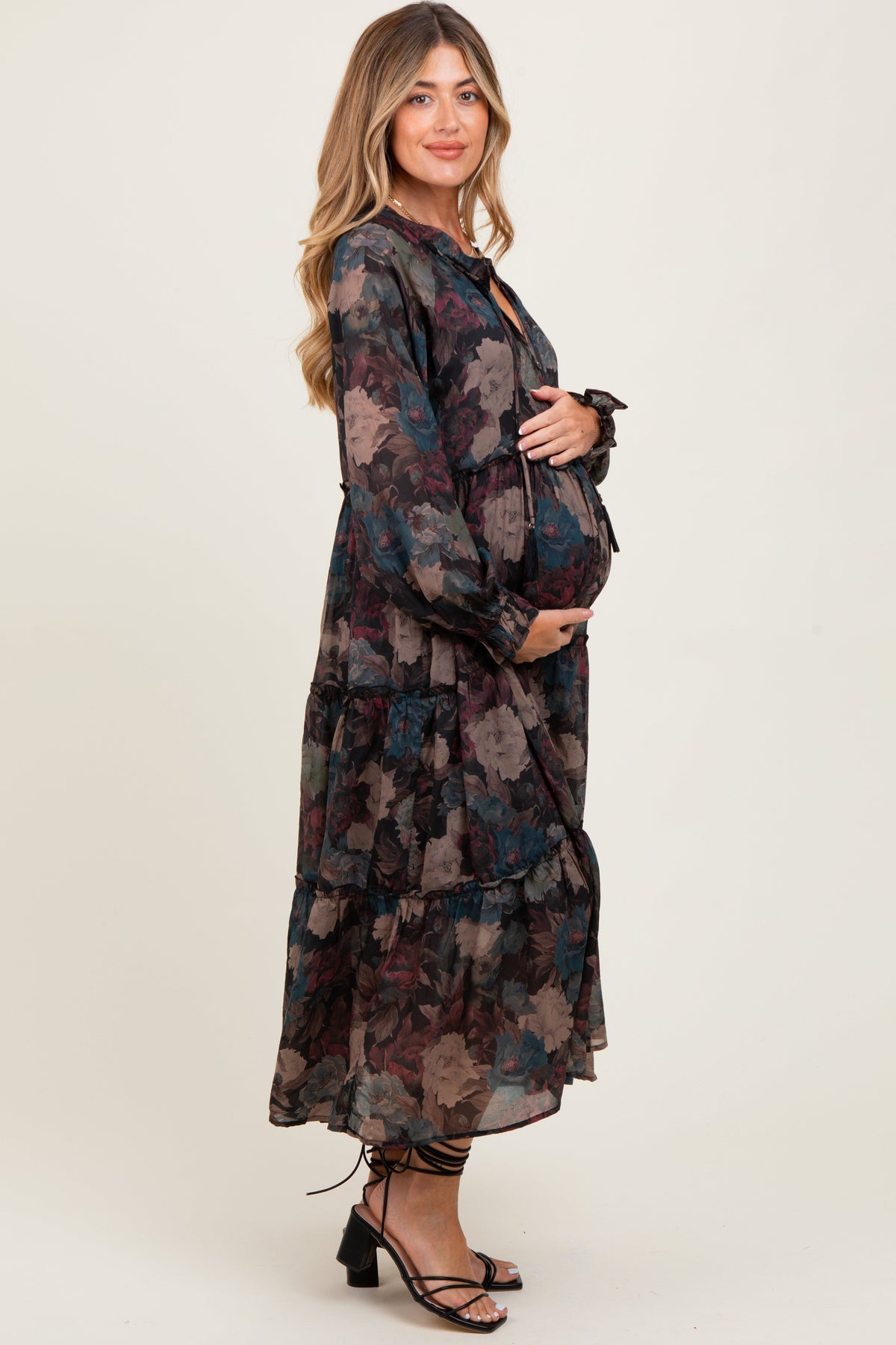 Black Floral Chiffon Ruffle Tiered Maternity Midi Dress