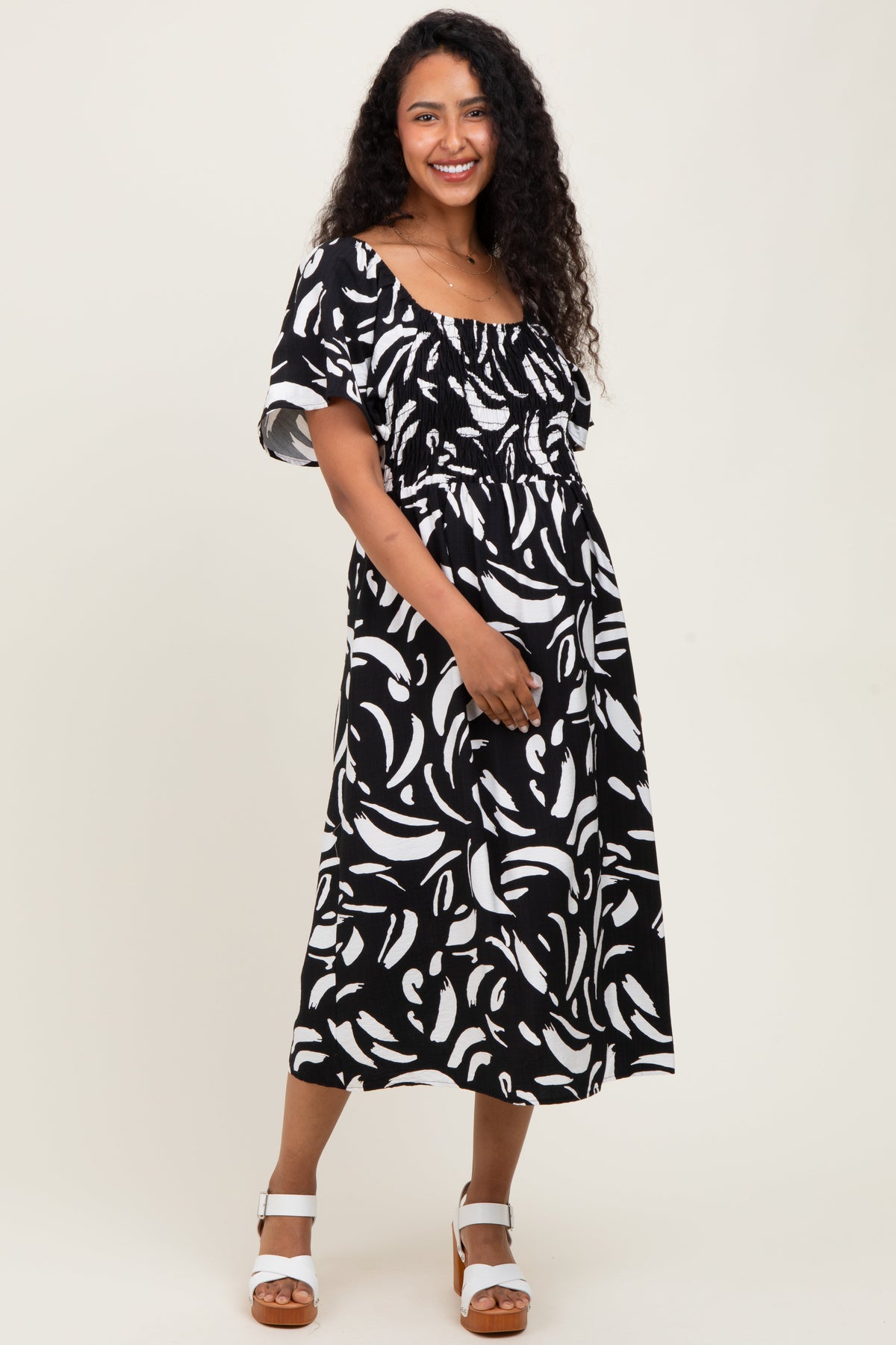 Black Printed Smocked Maternity Midi Dress