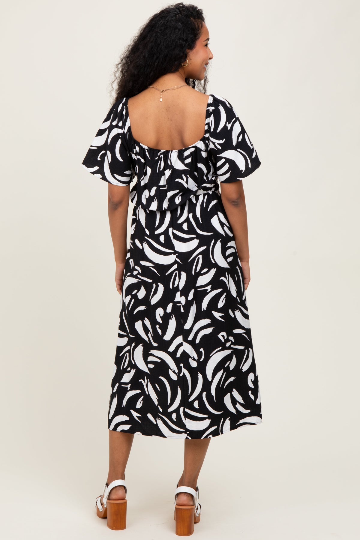 Black Printed Smocked Maternity Midi Dress