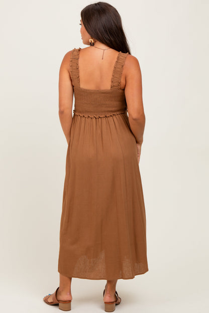 Camel Smocked Sleeveless Button Down Maternity Midi Dress
