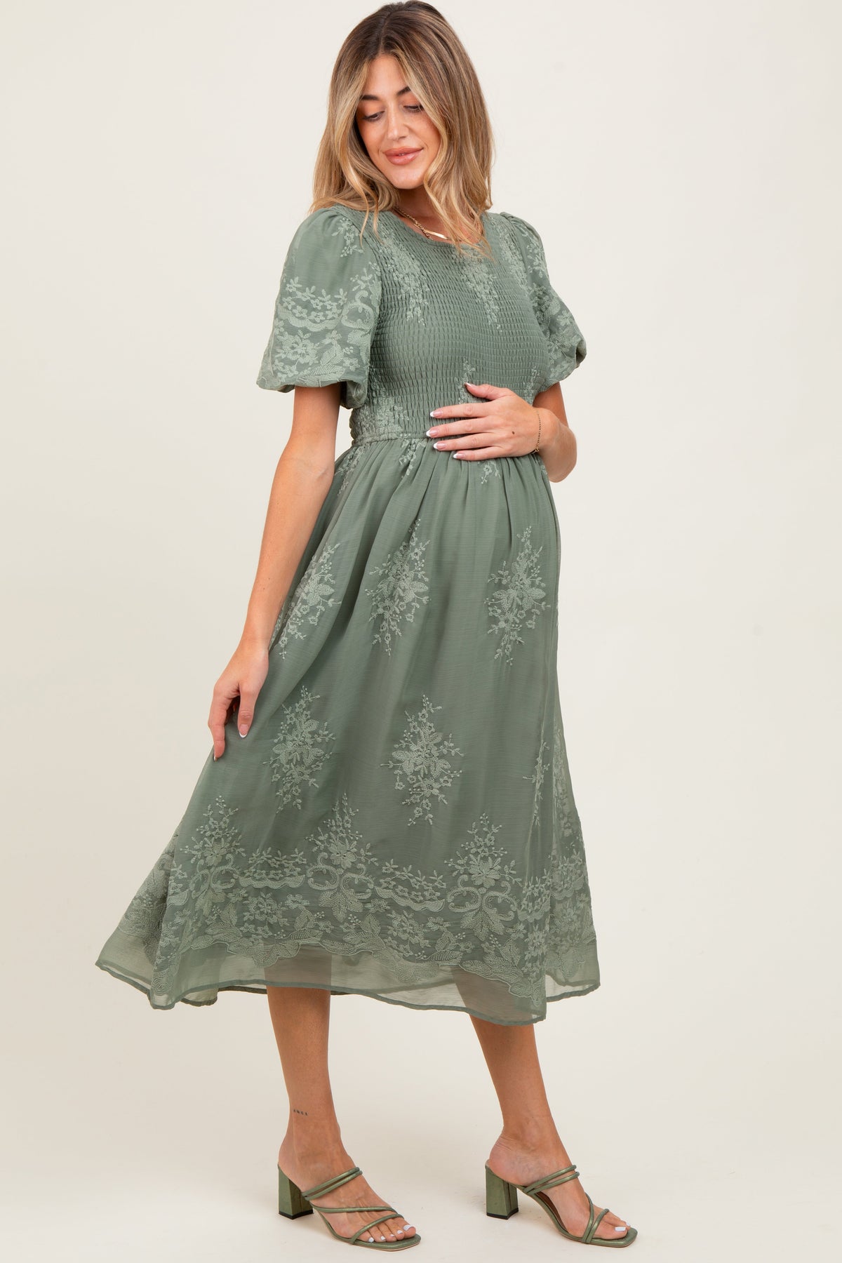 Light Olive Floral Lace Smocked Maternity Midi Dress