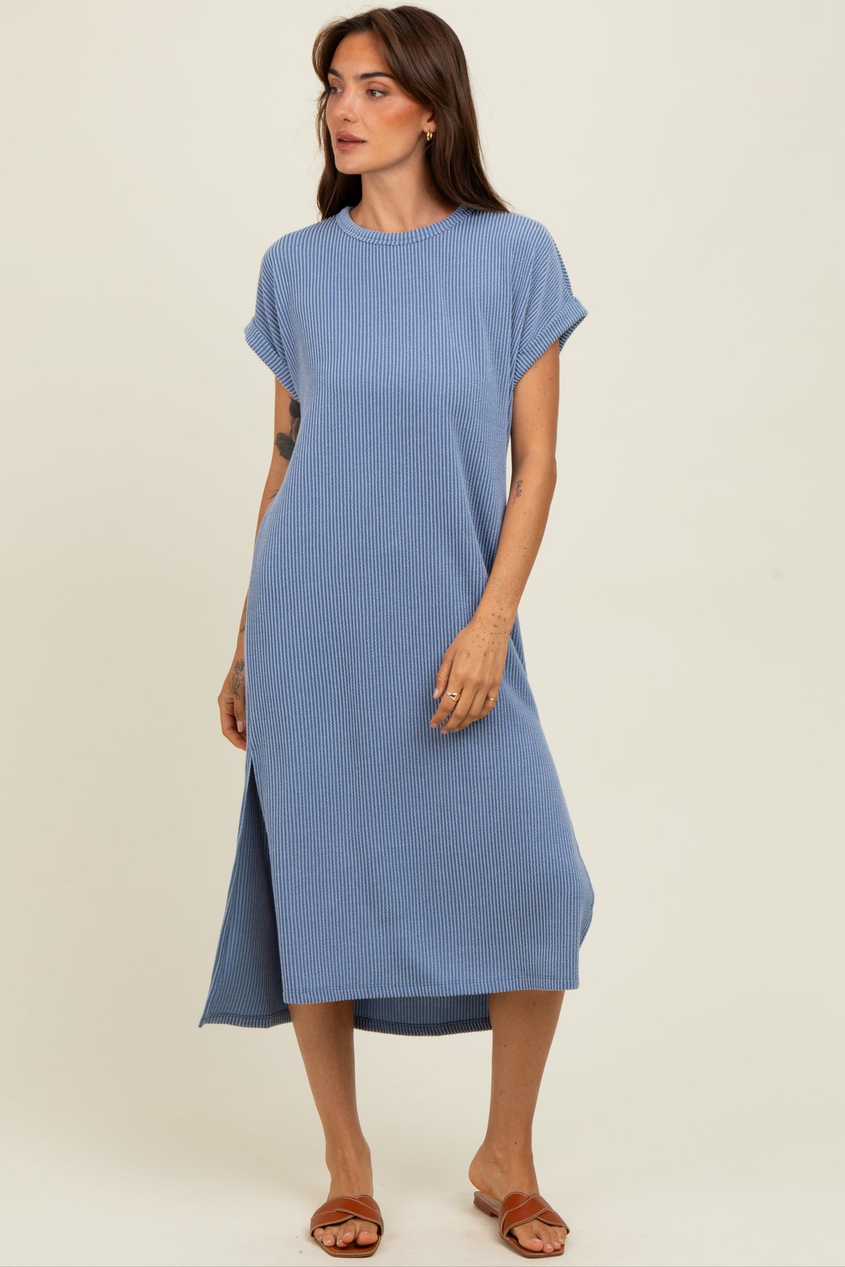 Blue Ribbed Short Sleeve Maternity Midi Dress