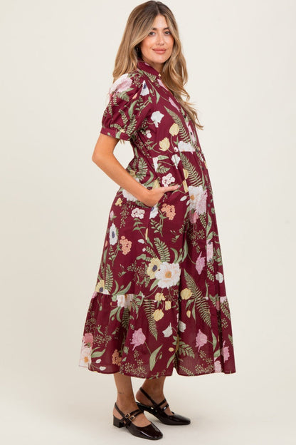 Burgundy Floral Puff Sleeve Button Down Maternity Midi Dress