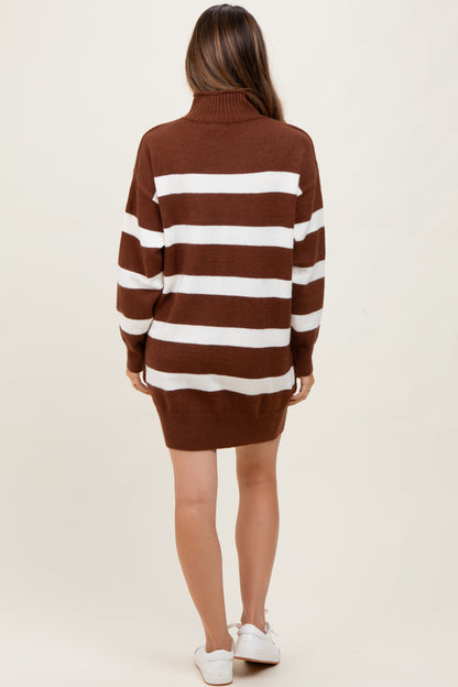 Brown Striped Knit Turtleneck Maternity Sweater Dress