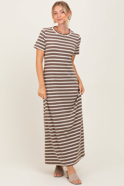 Brown Striped Short Sleeve Maternity Midi Dress
