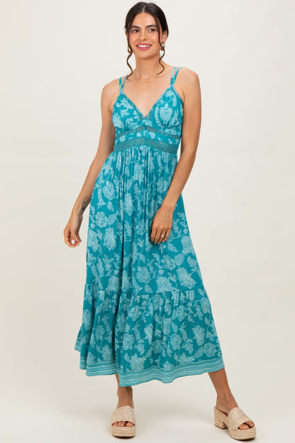 Teal Floral V-Neck Lace Trim Maternity Maxi Dress