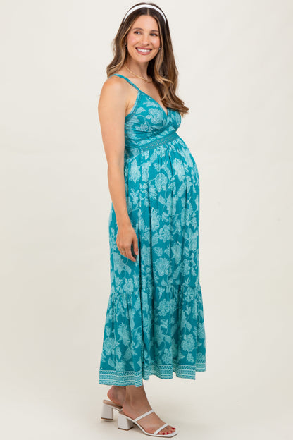 Teal Floral V-Neck Lace Trim Maternity Maxi Dress