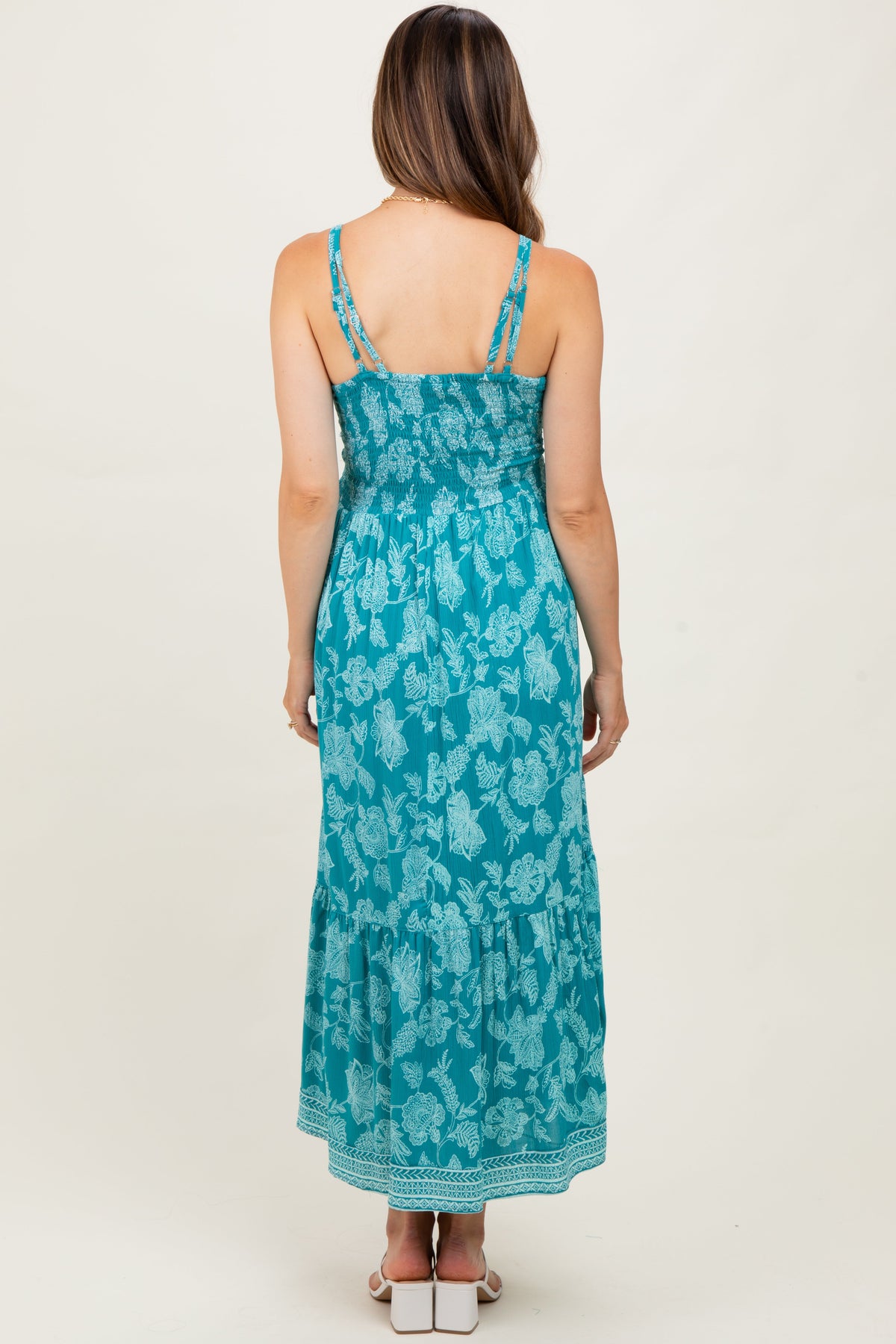 Teal Floral V-Neck Lace Trim Maternity Maxi Dress