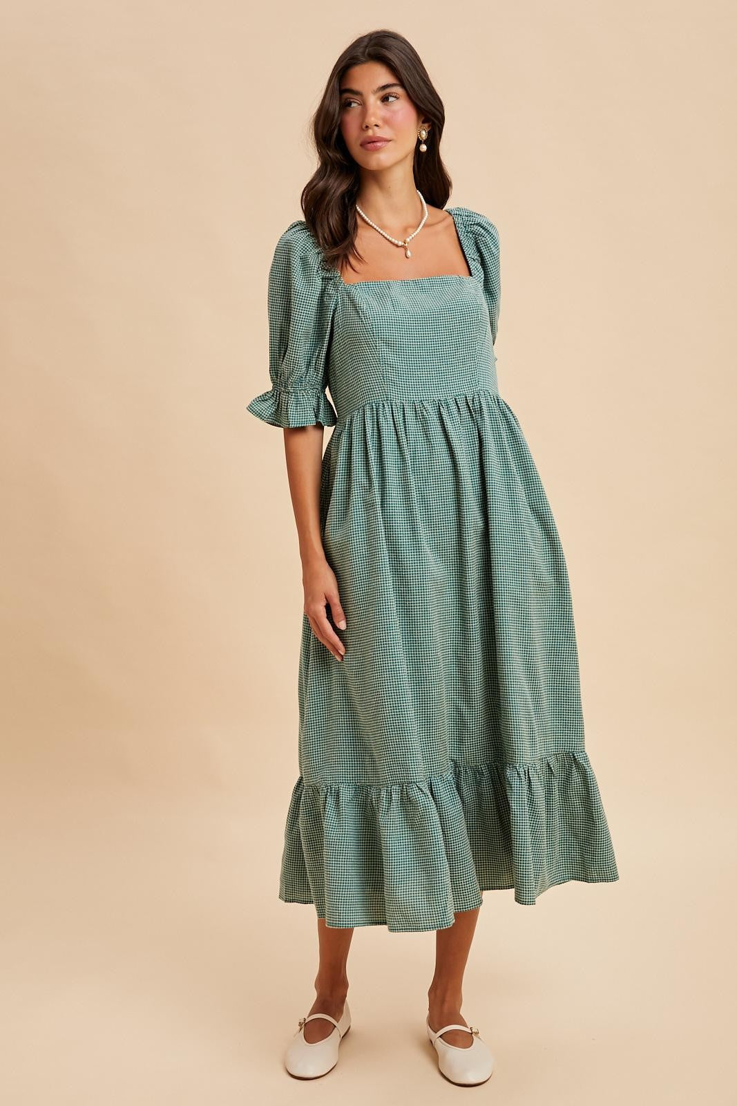 Teal Gingham Square Neck Maternity Midi Dress