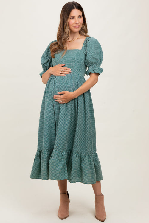 Teal Gingham Square Neck Maternity Midi Dress