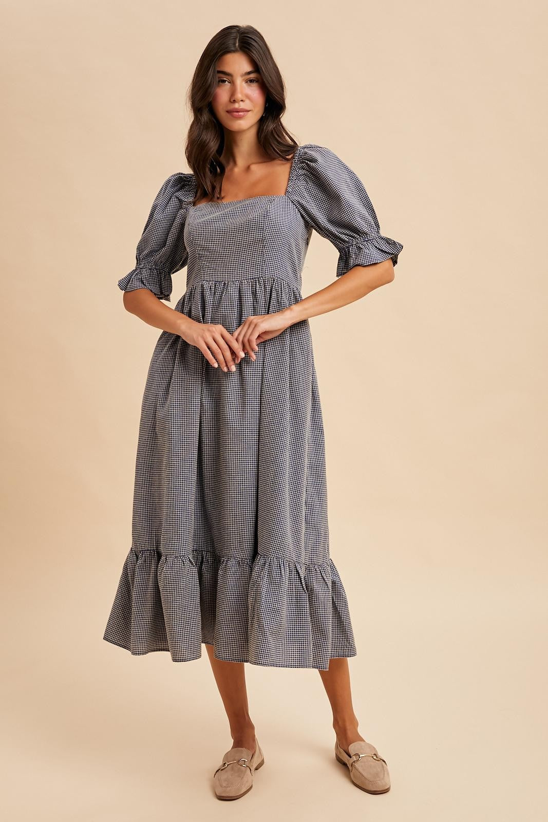 Navy Gingham Square Neck Maternity Midi Dress