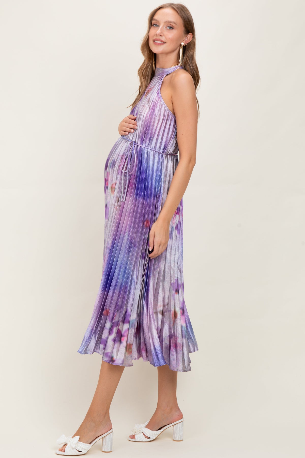 Lavender Floral Pleated Halter Maternity Midi Dress