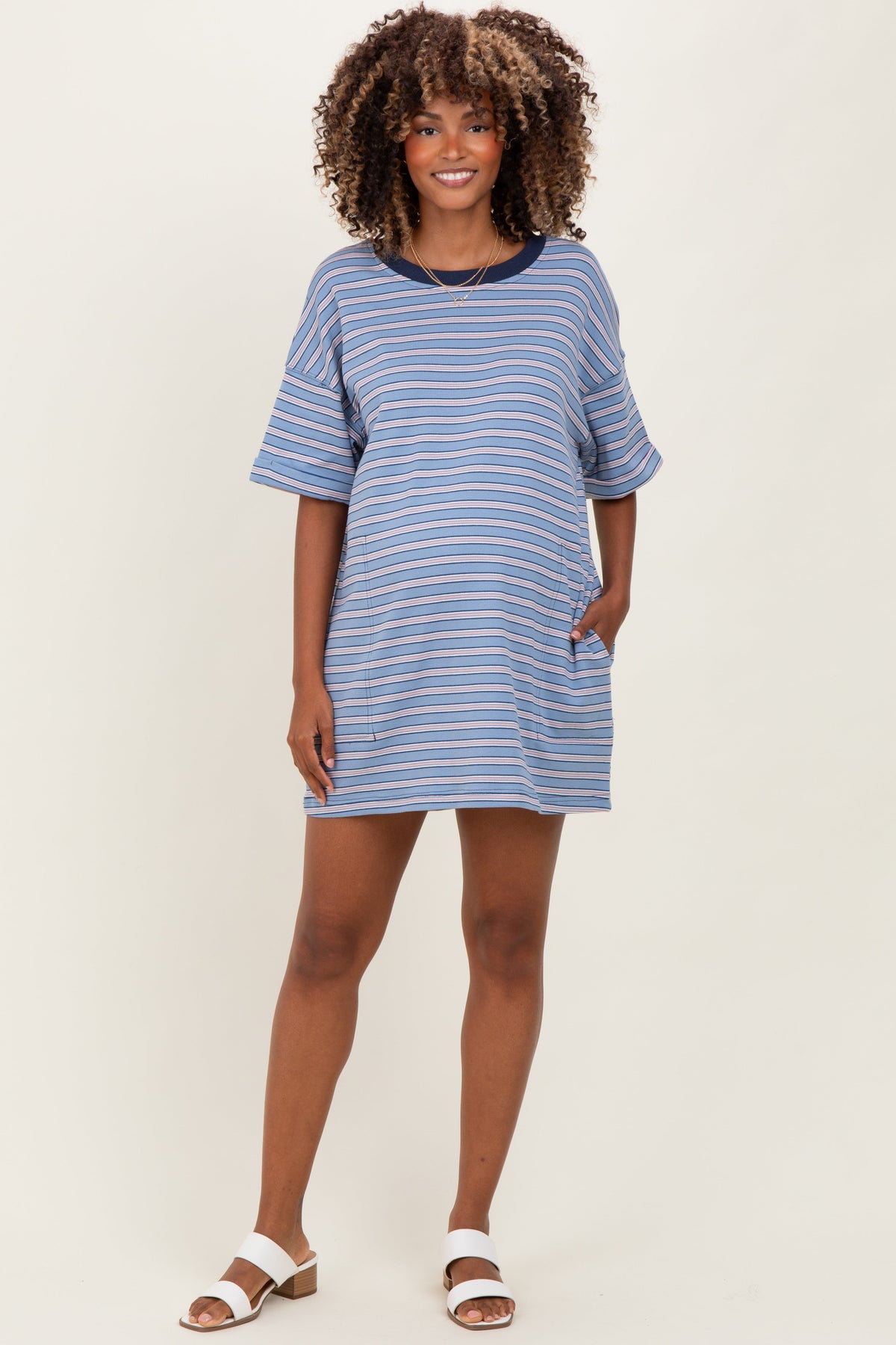 Blue Stripe Knit Short Sleeve Maternity T-Shirt Dress