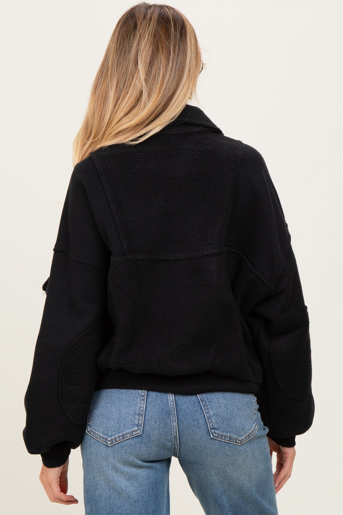 Black Contrast Reversed Fleece 1/4 Zip Maternity Pullover